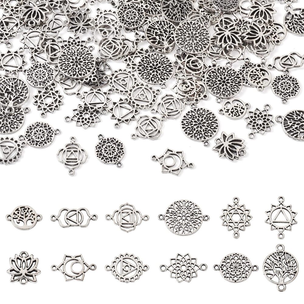 9258 Beadthoven 120Pcs Tibetan Flower Charms Chakra Connector Charms